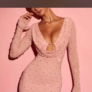 Oh Polly Pink Long Sleeve Beaded Dress